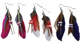 Feather Earrrings with Leather Strips and Beads